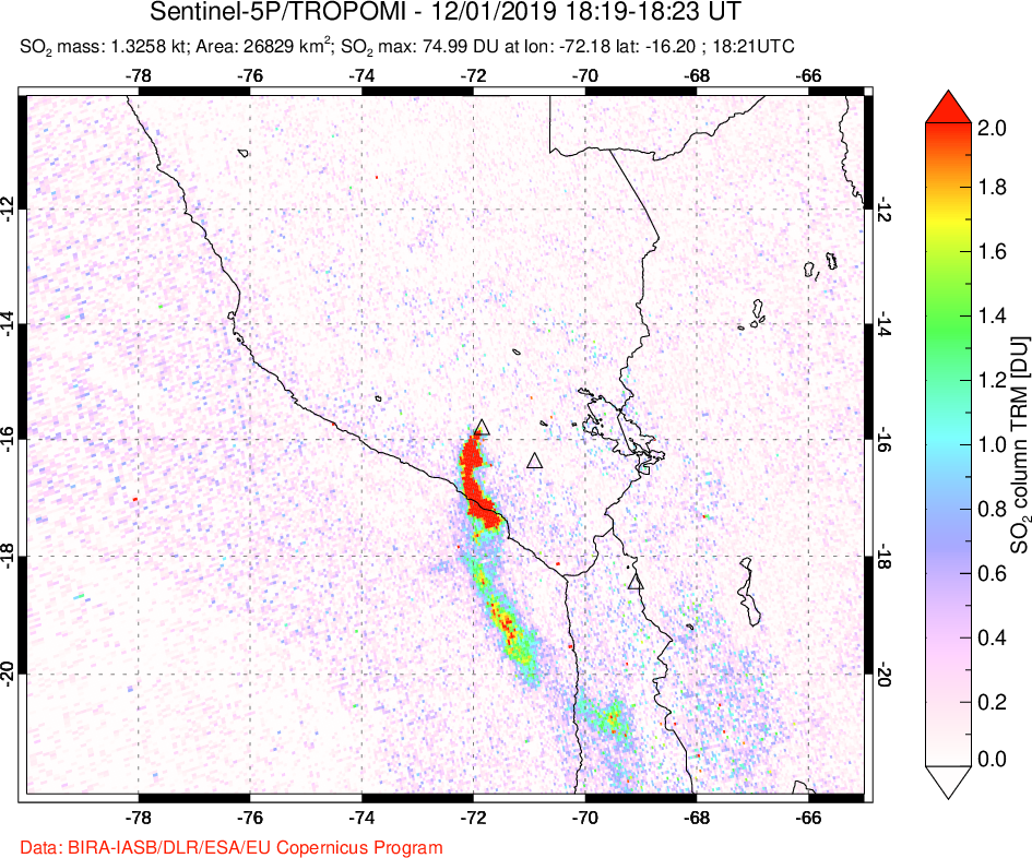 A sulfur dioxide image over Peru on Dec 01, 2019.
