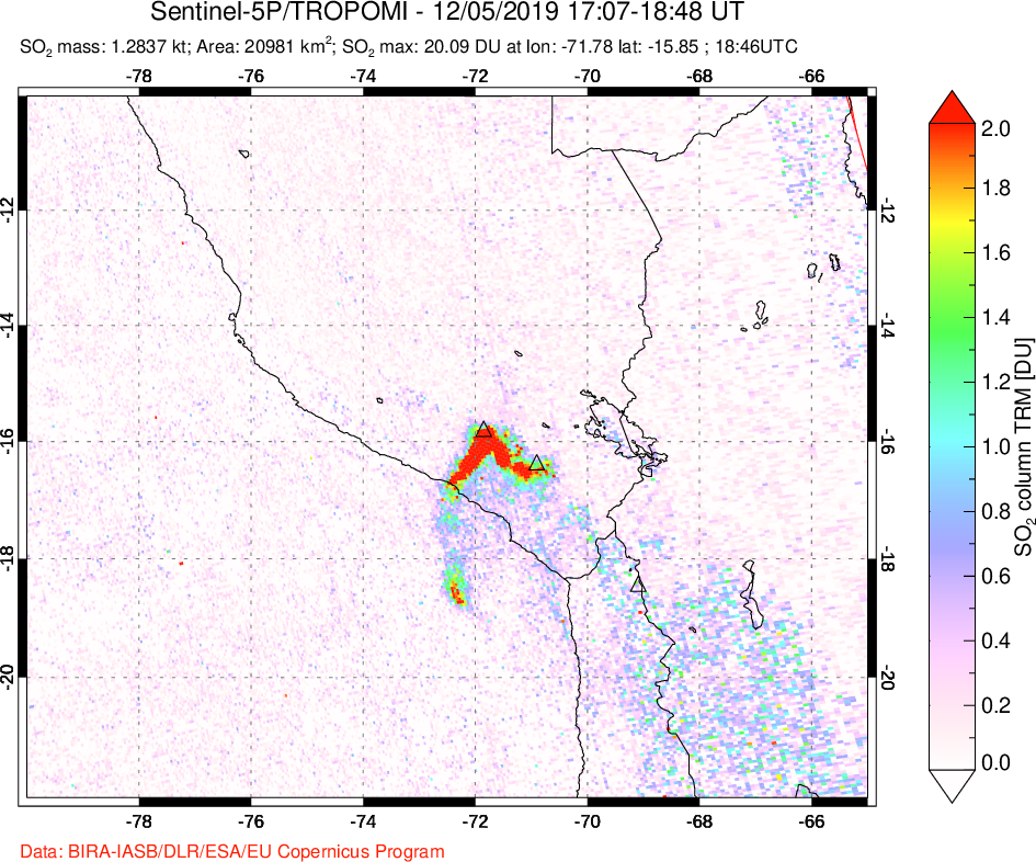 A sulfur dioxide image over Peru on Dec 05, 2019.