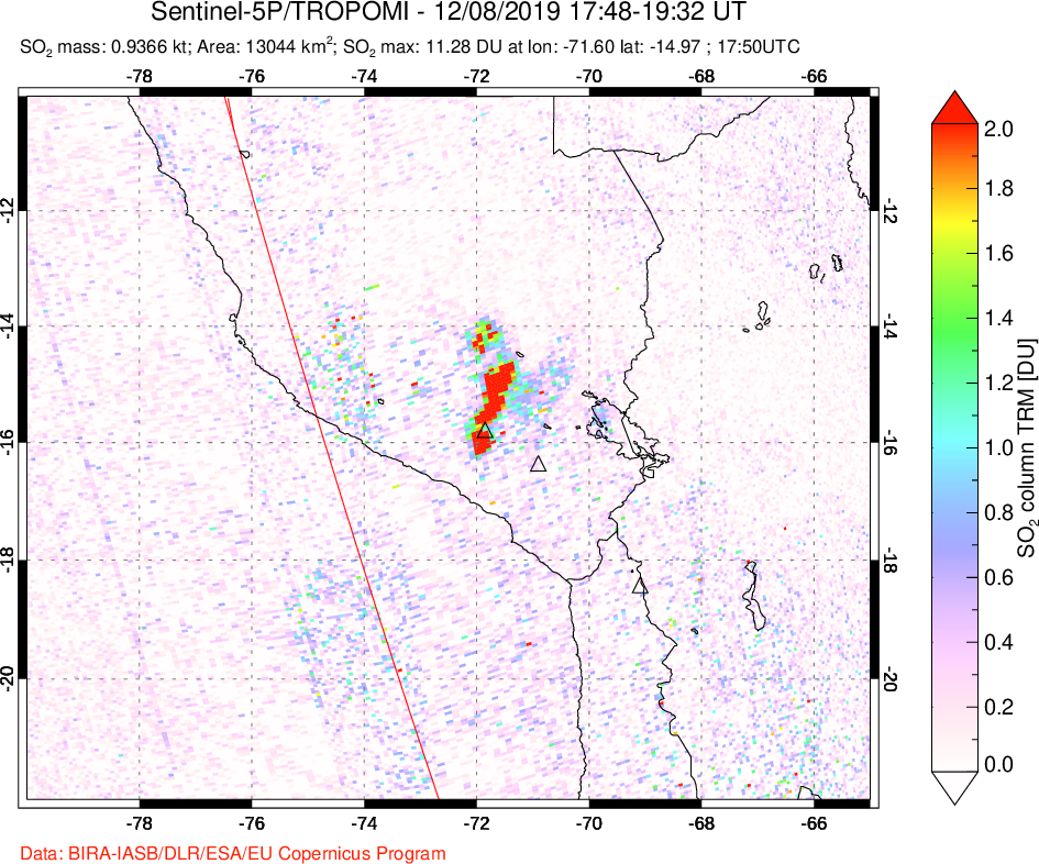 A sulfur dioxide image over Peru on Dec 08, 2019.