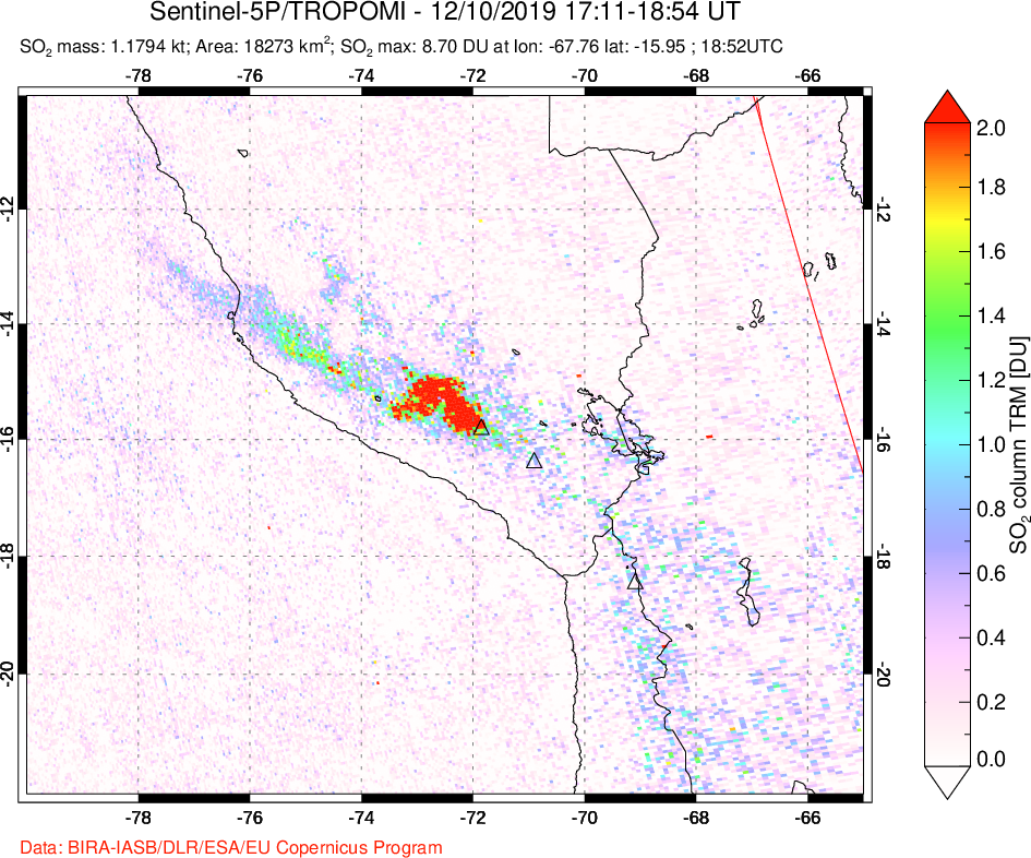 A sulfur dioxide image over Peru on Dec 10, 2019.