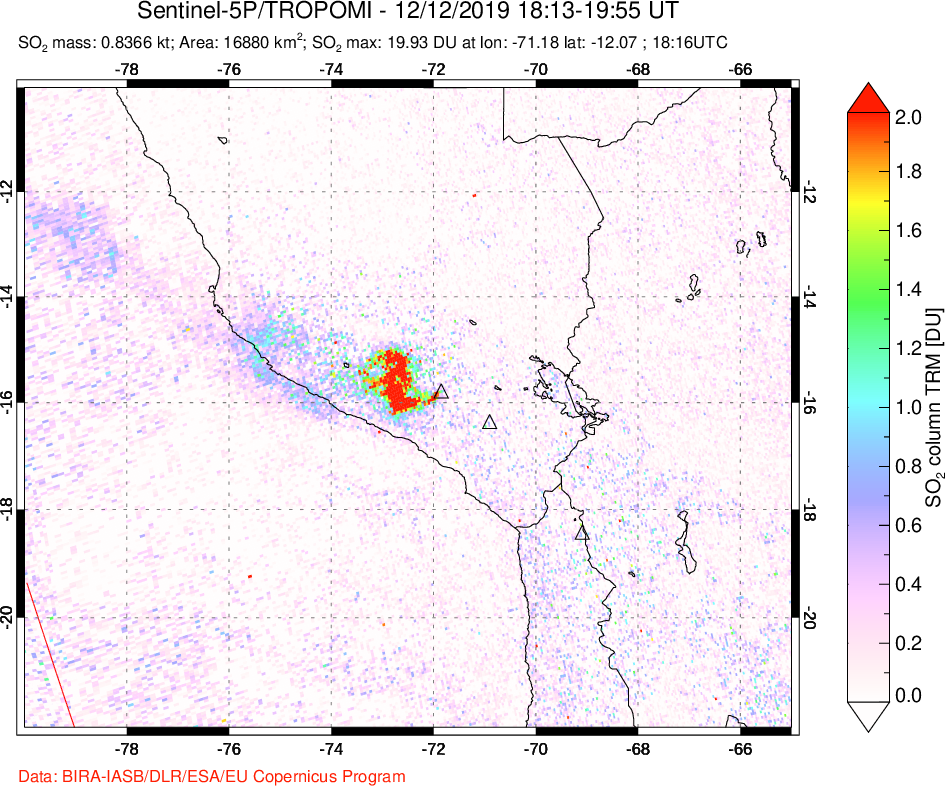 A sulfur dioxide image over Peru on Dec 12, 2019.