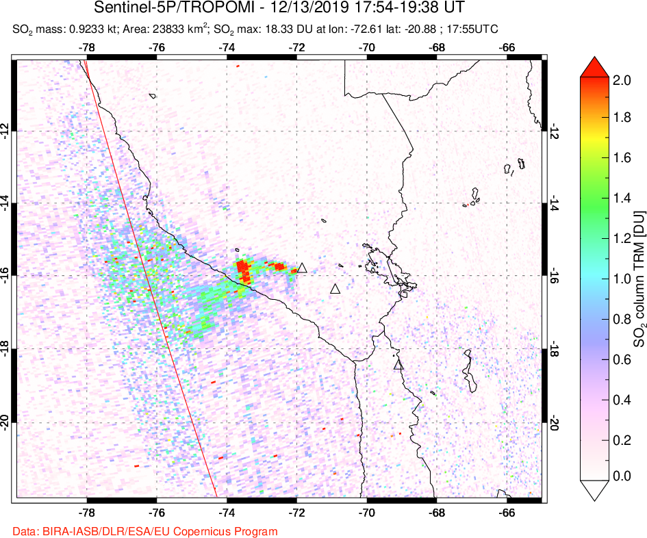 A sulfur dioxide image over Peru on Dec 13, 2019.