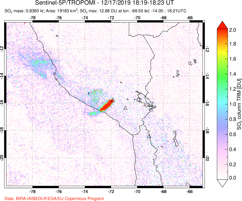 A sulfur dioxide image over Peru on Dec 17, 2019.