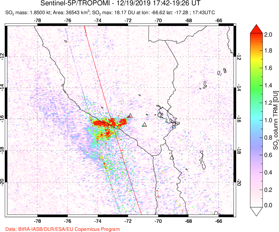 A sulfur dioxide image over Peru on Dec 19, 2019.
