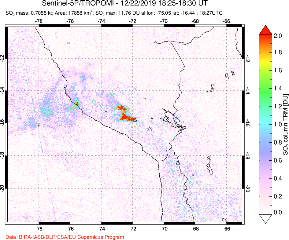 A sulfur dioxide image over Peru on Dec 22, 2019.