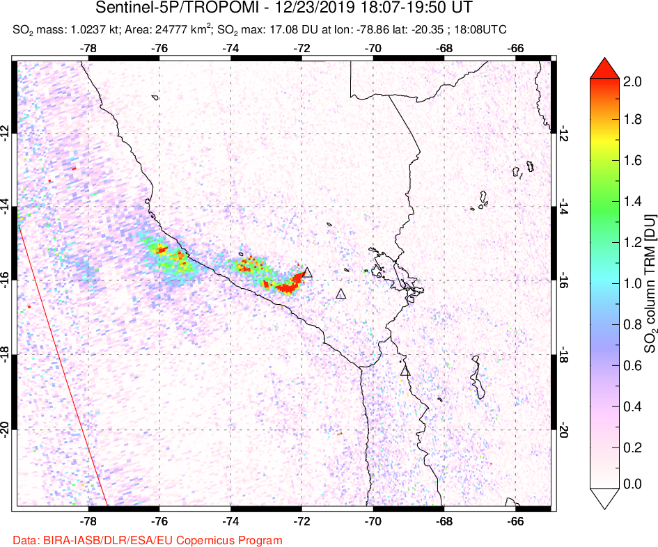 A sulfur dioxide image over Peru on Dec 23, 2019.