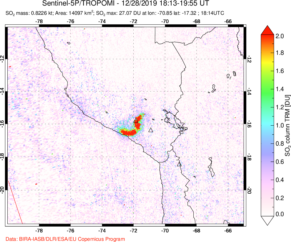 A sulfur dioxide image over Peru on Dec 28, 2019.