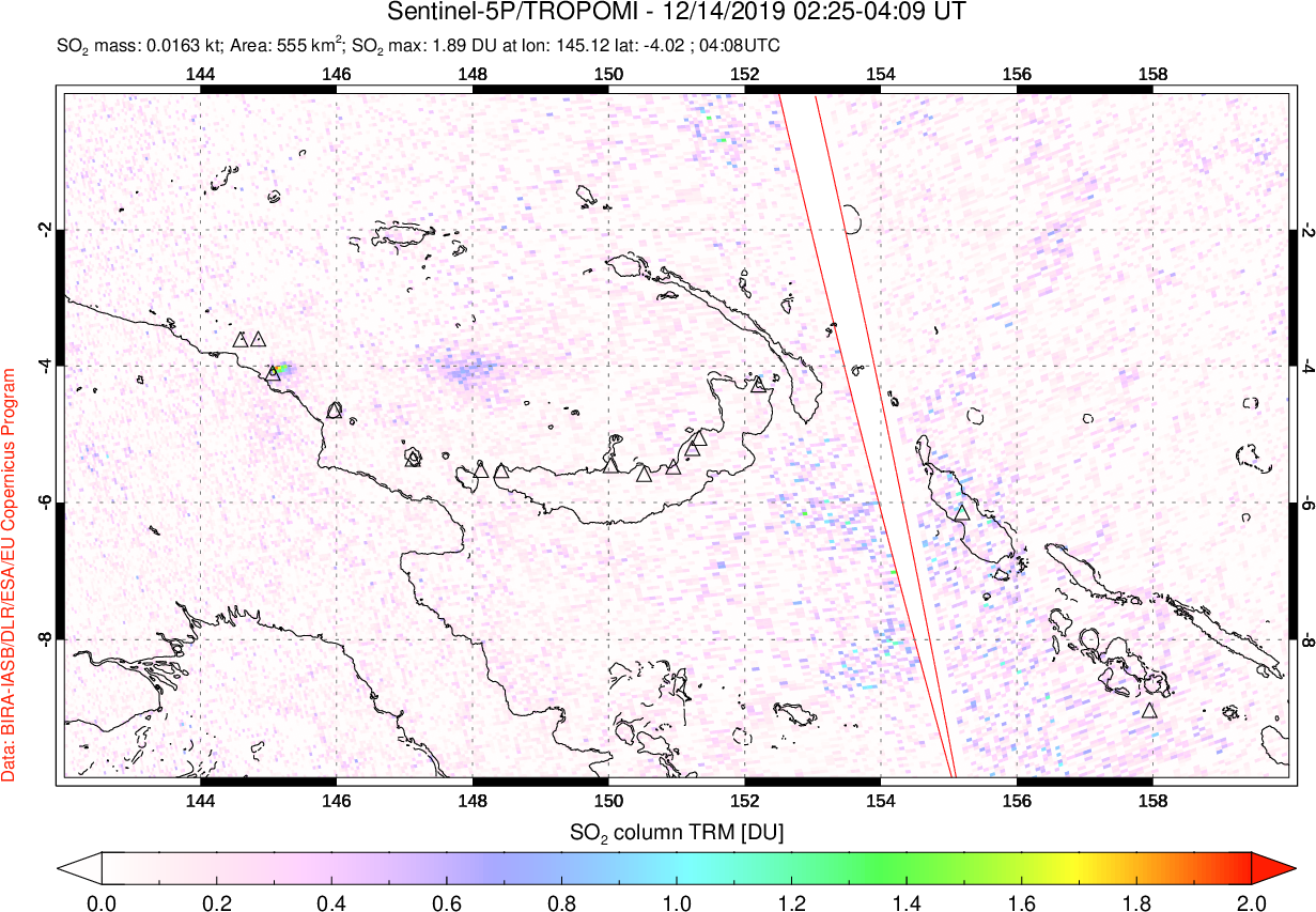 A sulfur dioxide image over Papua, New Guinea on Dec 14, 2019.