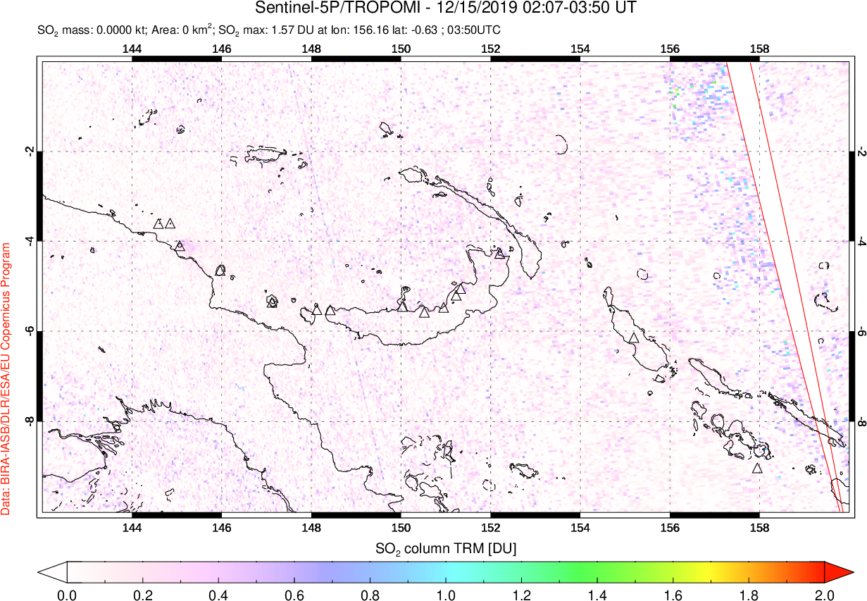 A sulfur dioxide image over Papua, New Guinea on Dec 15, 2019.
