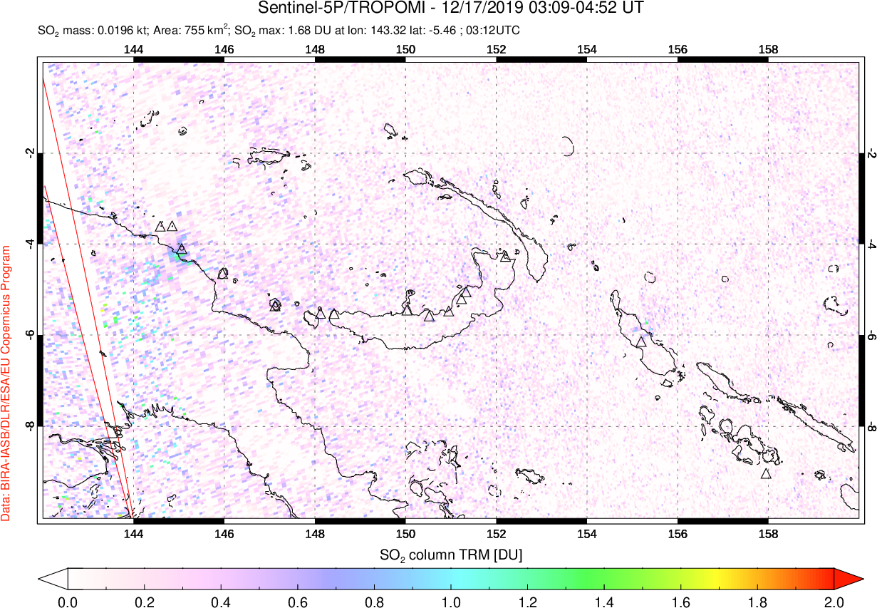 A sulfur dioxide image over Papua, New Guinea on Dec 17, 2019.