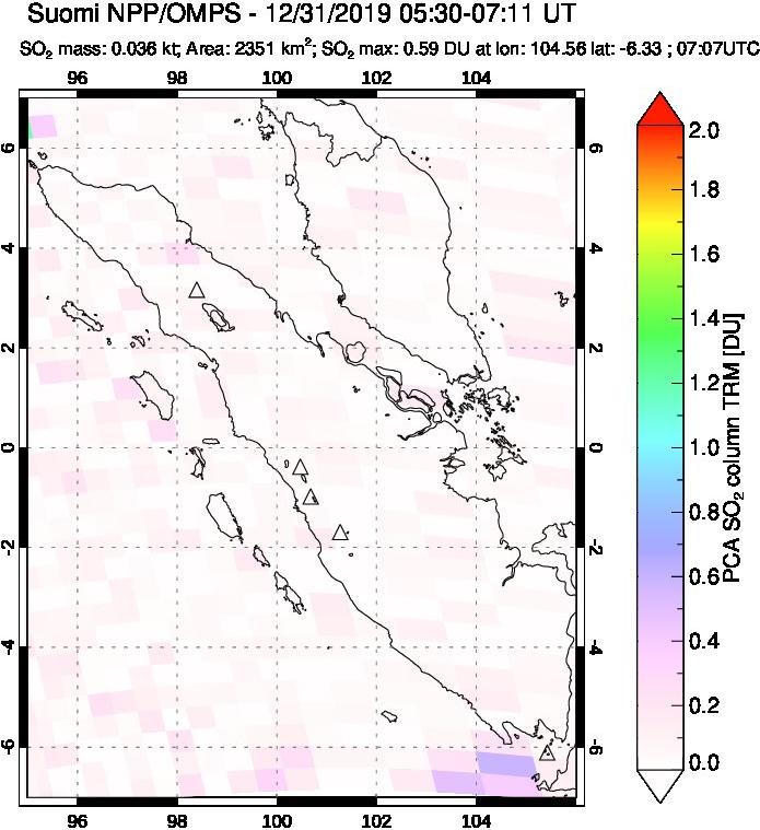 A sulfur dioxide image over Sumatra, Indonesia on Dec 31, 2019.