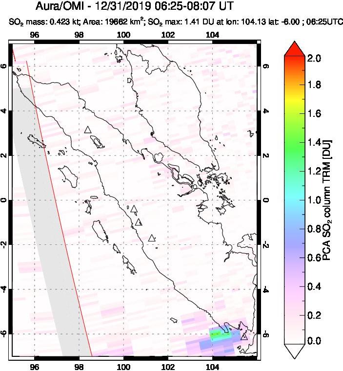 A sulfur dioxide image over Sumatra, Indonesia on Dec 31, 2019.
