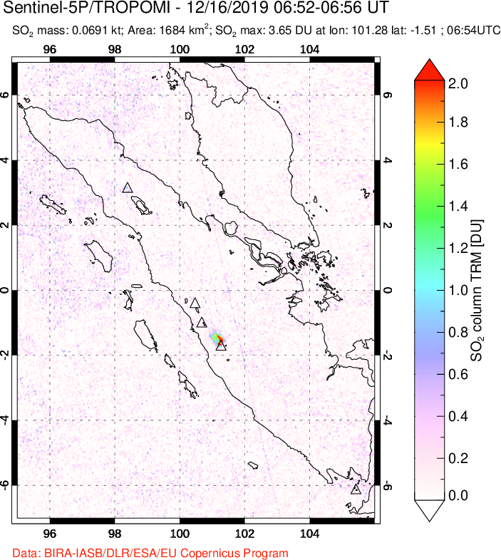 A sulfur dioxide image over Sumatra, Indonesia on Dec 16, 2019.