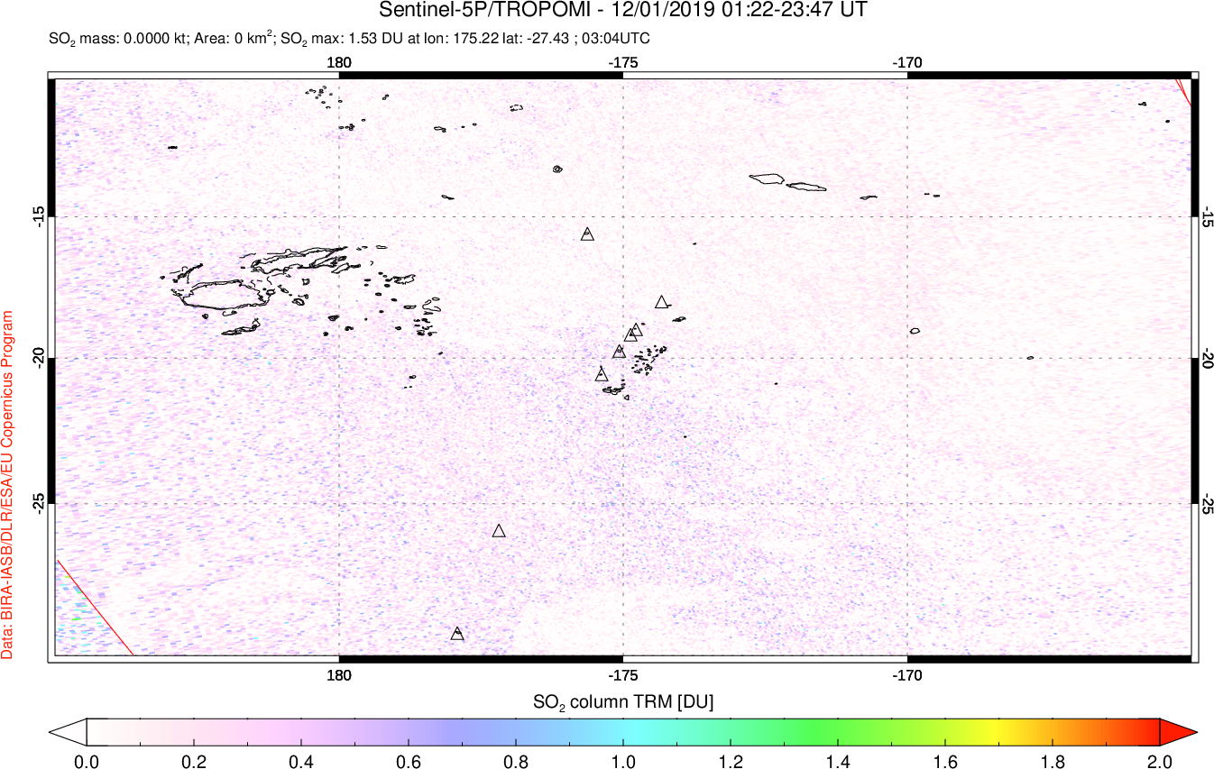 A sulfur dioxide image over Tonga, South Pacific on Dec 01, 2019.