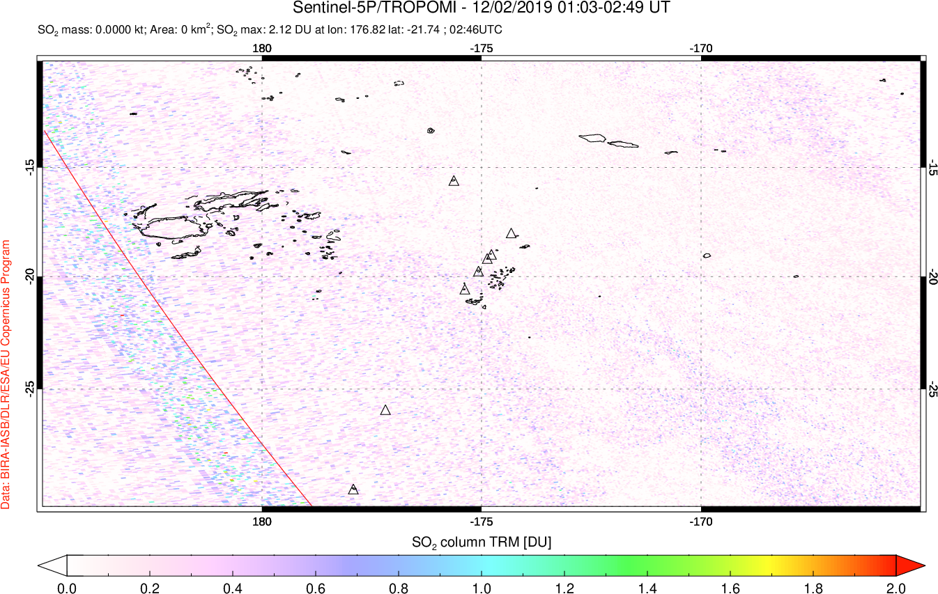 A sulfur dioxide image over Tonga, South Pacific on Dec 02, 2019.