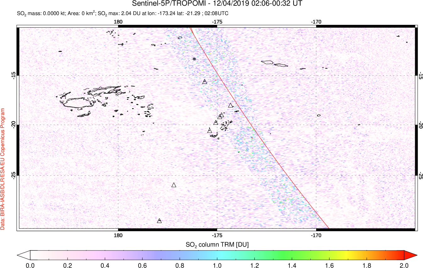 A sulfur dioxide image over Tonga, South Pacific on Dec 04, 2019.