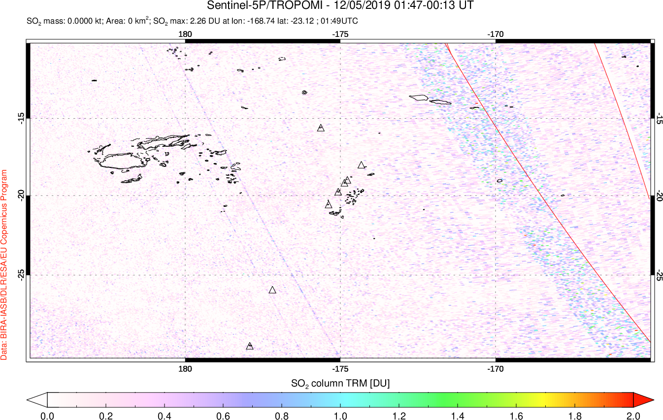 A sulfur dioxide image over Tonga, South Pacific on Dec 05, 2019.