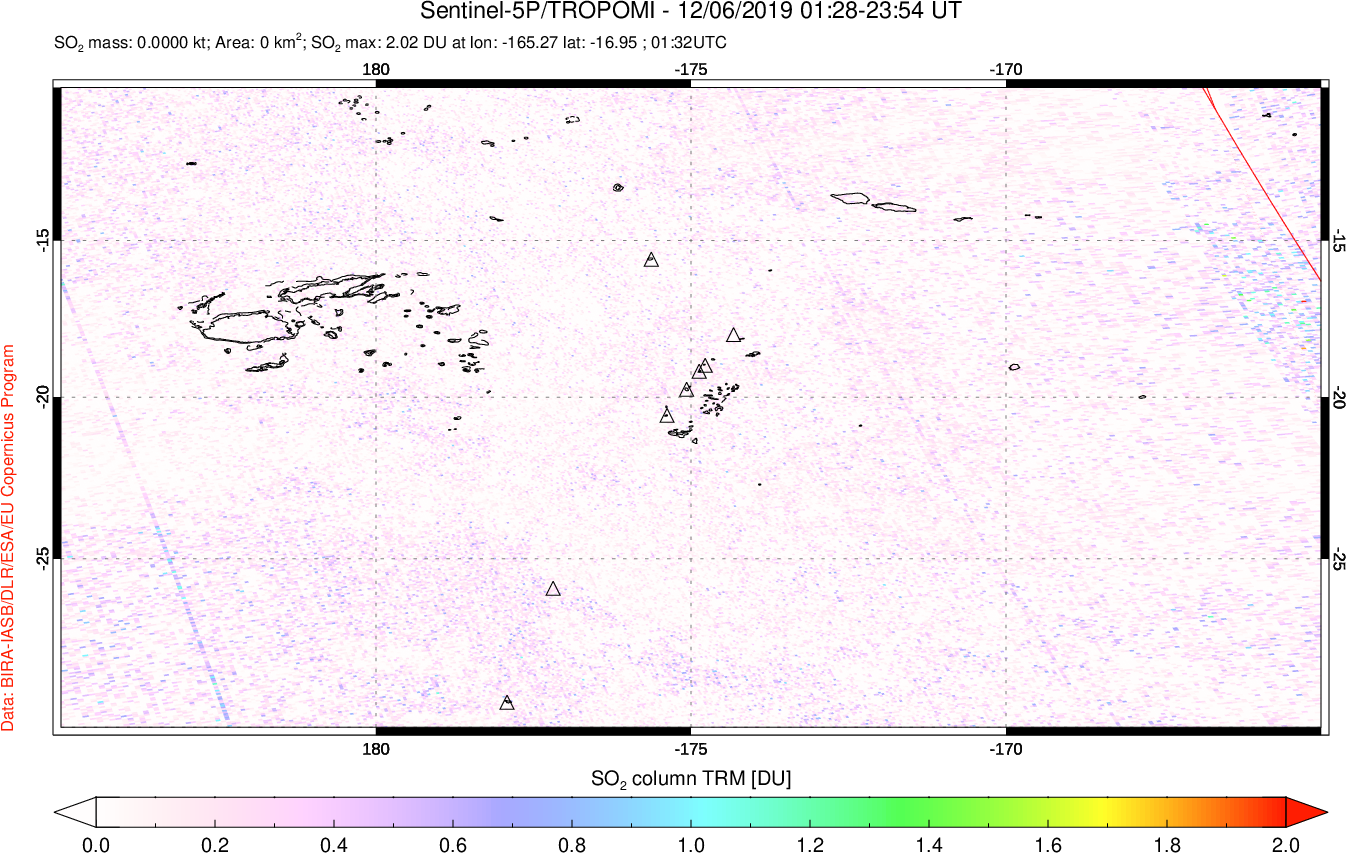 A sulfur dioxide image over Tonga, South Pacific on Dec 06, 2019.