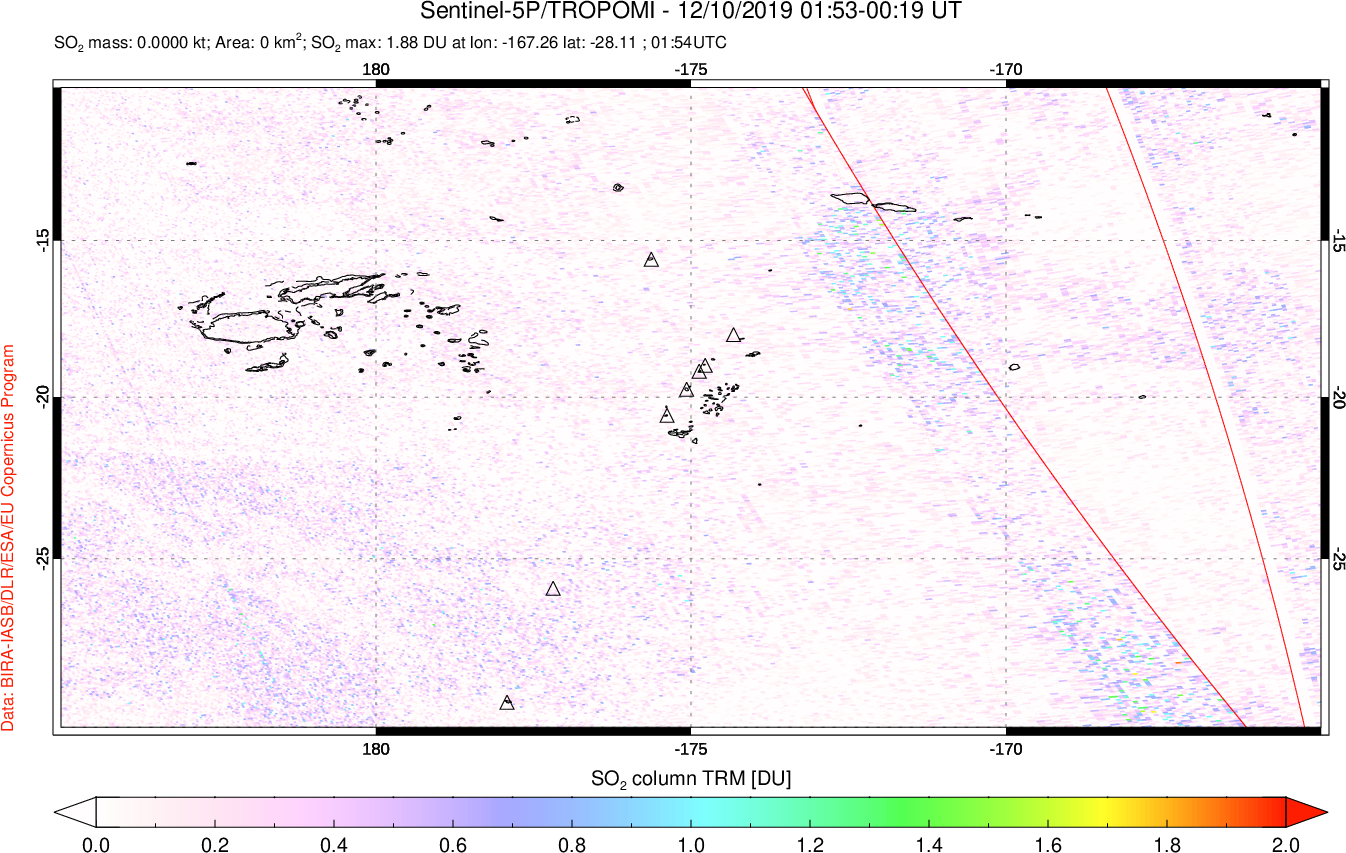 A sulfur dioxide image over Tonga, South Pacific on Dec 10, 2019.