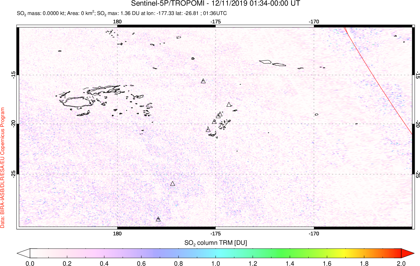 A sulfur dioxide image over Tonga, South Pacific on Dec 11, 2019.
