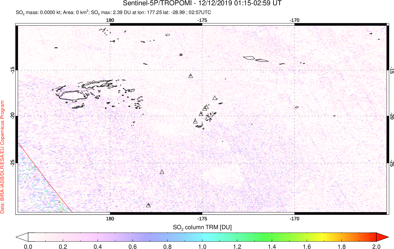 A sulfur dioxide image over Tonga, South Pacific on Dec 12, 2019.