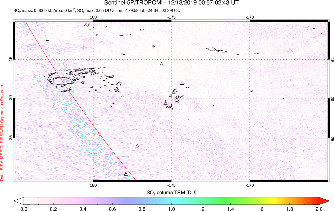 A sulfur dioxide image over Tonga, South Pacific on Dec 13, 2019.