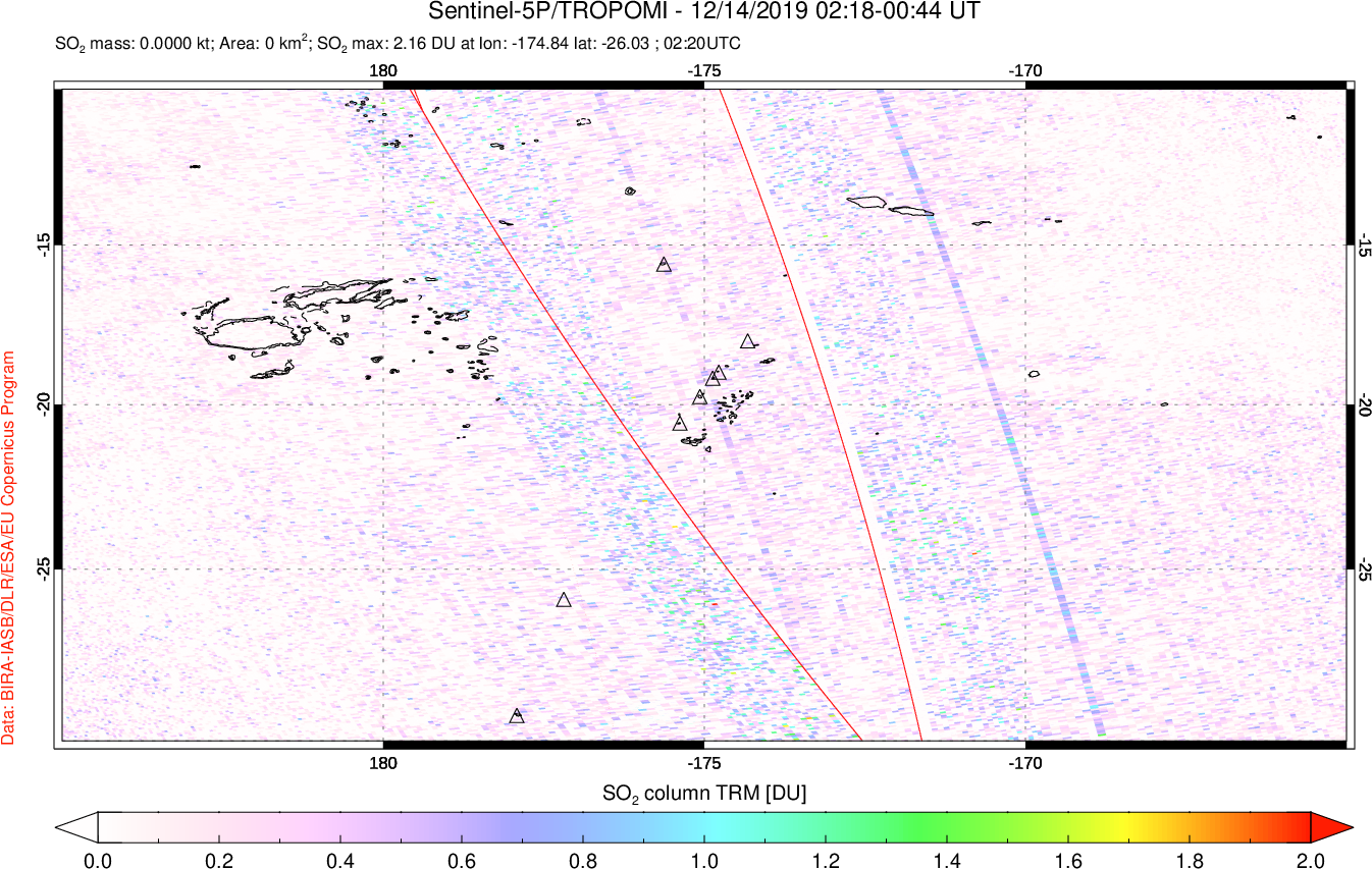 A sulfur dioxide image over Tonga, South Pacific on Dec 14, 2019.