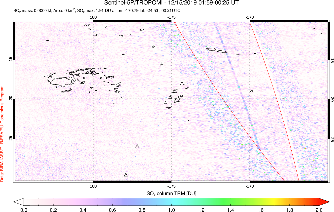 A sulfur dioxide image over Tonga, South Pacific on Dec 15, 2019.
