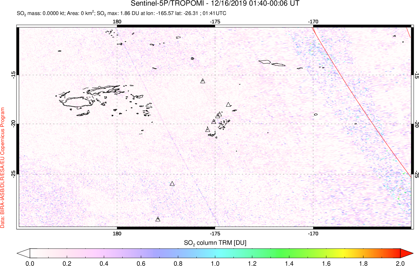 A sulfur dioxide image over Tonga, South Pacific on Dec 16, 2019.