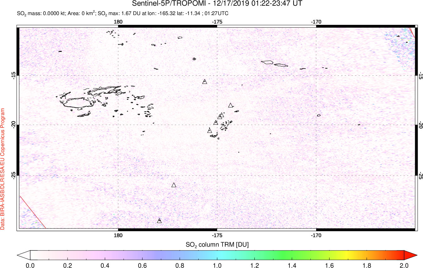 A sulfur dioxide image over Tonga, South Pacific on Dec 17, 2019.
