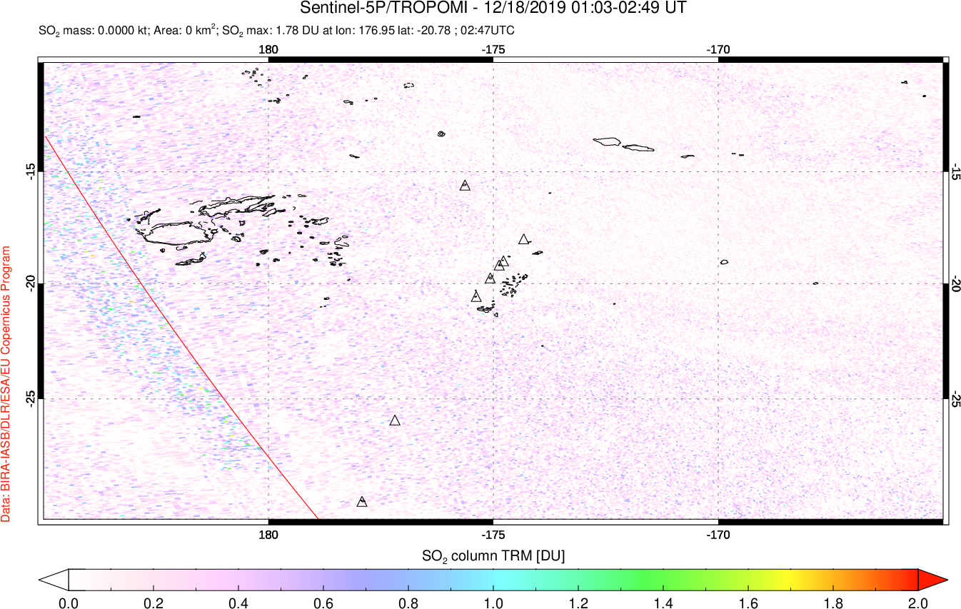 A sulfur dioxide image over Tonga, South Pacific on Dec 18, 2019.