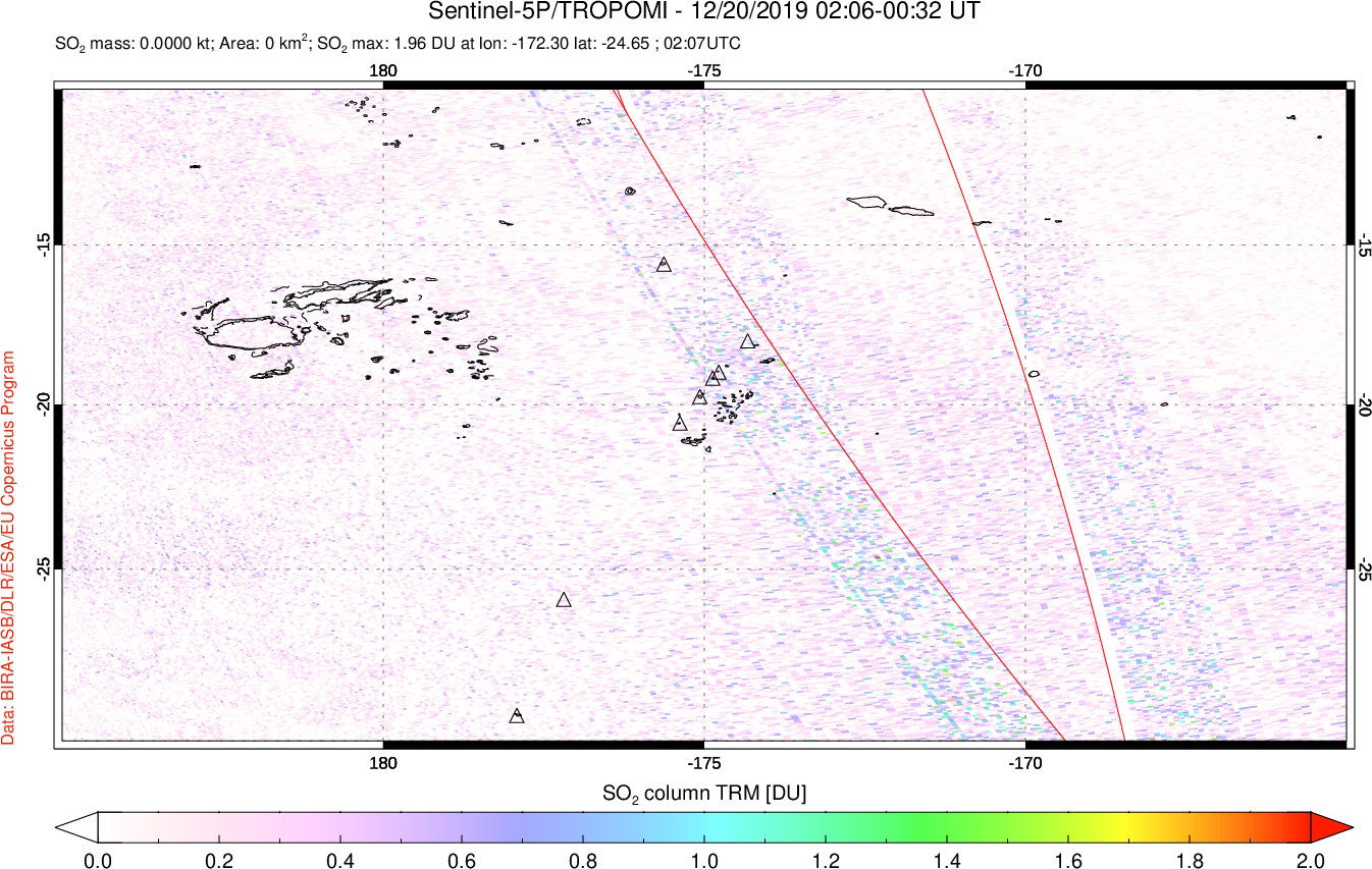 A sulfur dioxide image over Tonga, South Pacific on Dec 20, 2019.