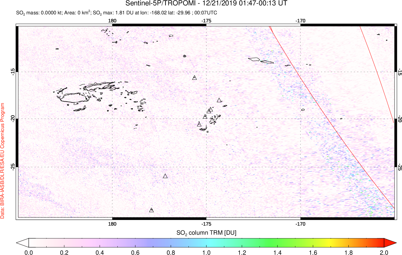 A sulfur dioxide image over Tonga, South Pacific on Dec 21, 2019.