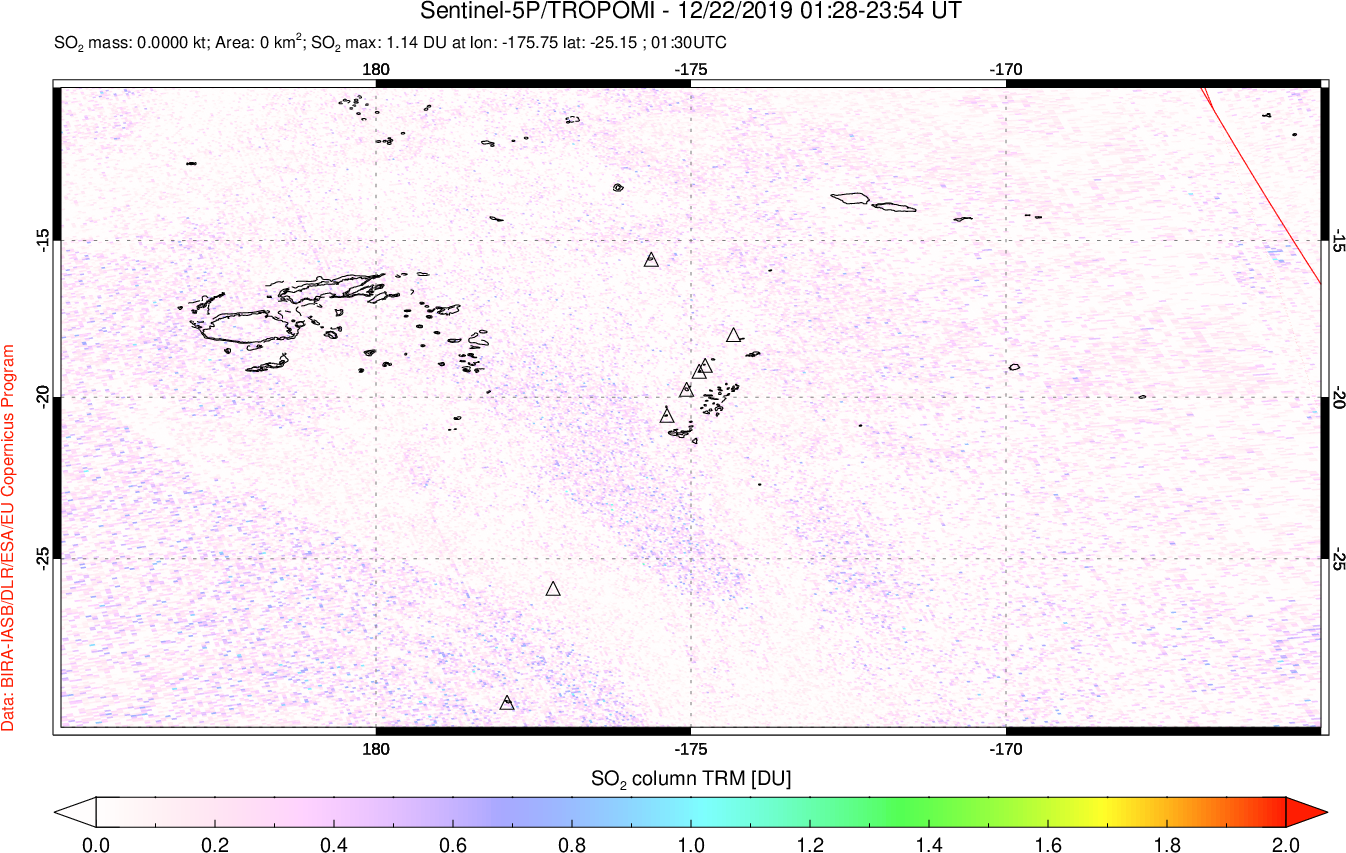 A sulfur dioxide image over Tonga, South Pacific on Dec 22, 2019.