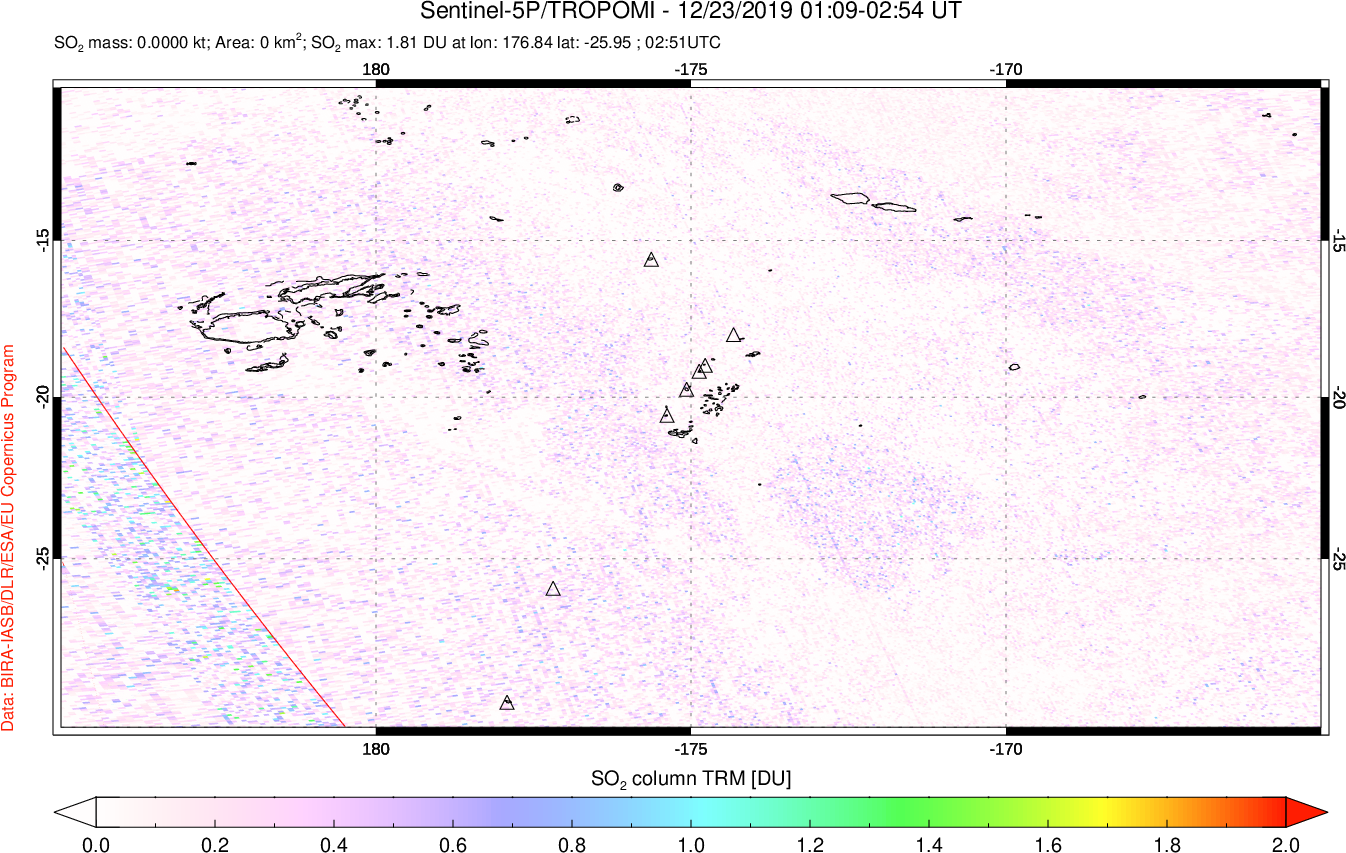 A sulfur dioxide image over Tonga, South Pacific on Dec 23, 2019.
