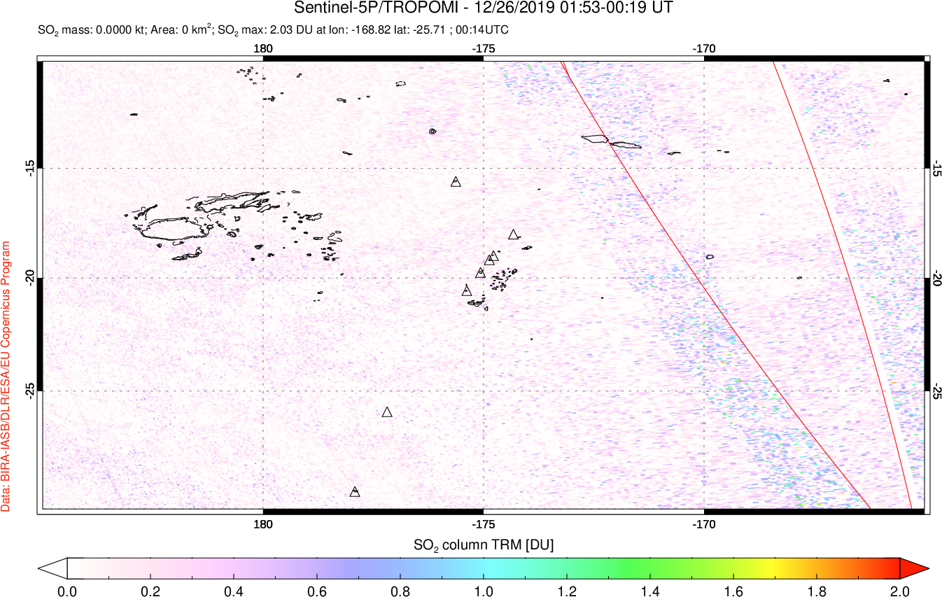 A sulfur dioxide image over Tonga, South Pacific on Dec 26, 2019.