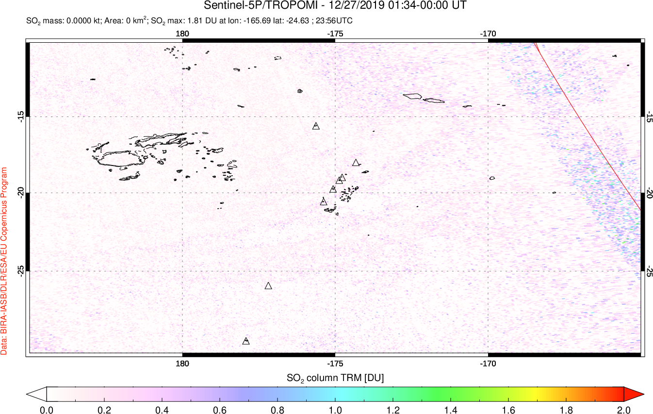 A sulfur dioxide image over Tonga, South Pacific on Dec 27, 2019.