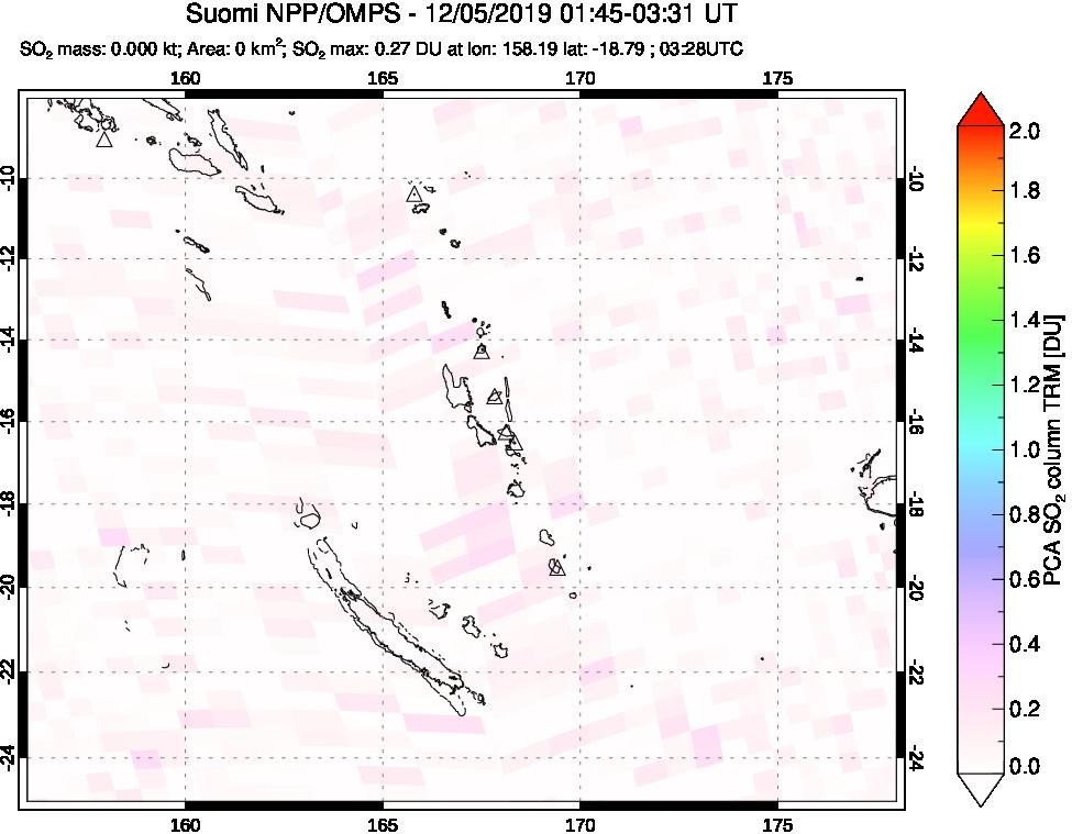 A sulfur dioxide image over Vanuatu, South Pacific on Dec 05, 2019.