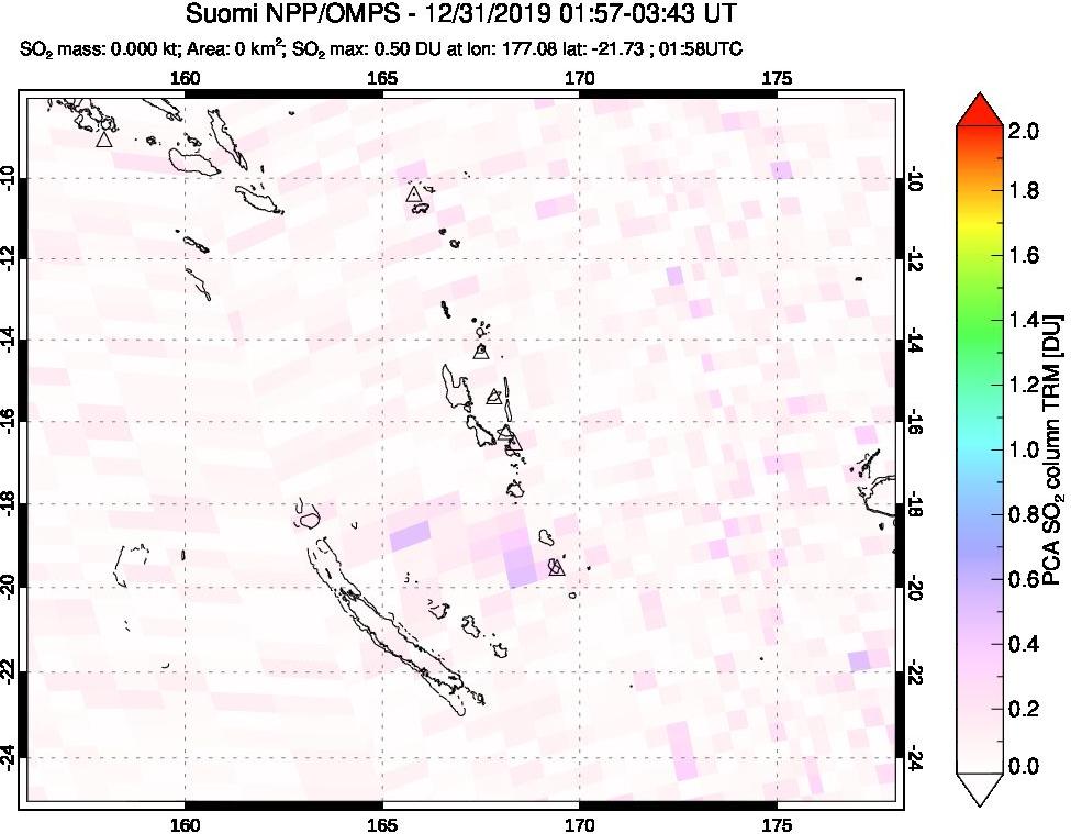 A sulfur dioxide image over Vanuatu, South Pacific on Dec 31, 2019.