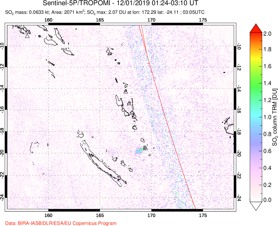 A sulfur dioxide image over Vanuatu, South Pacific on Dec 01, 2019.
