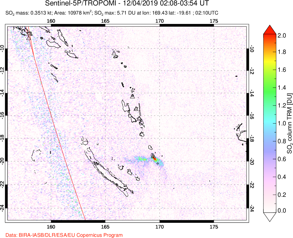 A sulfur dioxide image over Vanuatu, South Pacific on Dec 04, 2019.