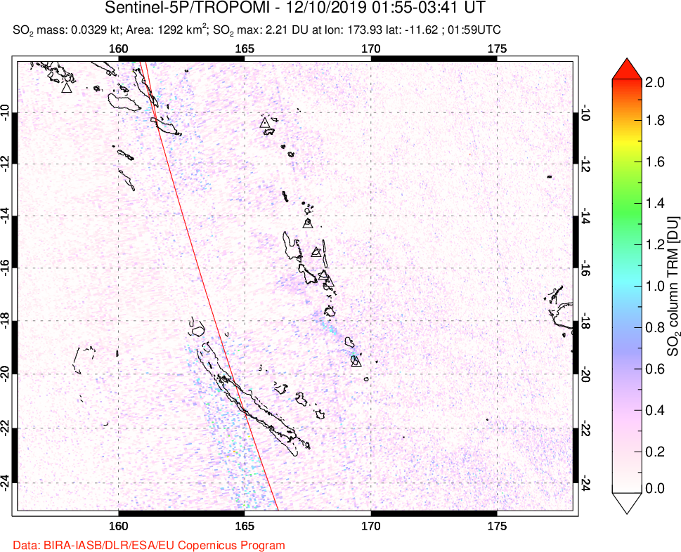 A sulfur dioxide image over Vanuatu, South Pacific on Dec 10, 2019.