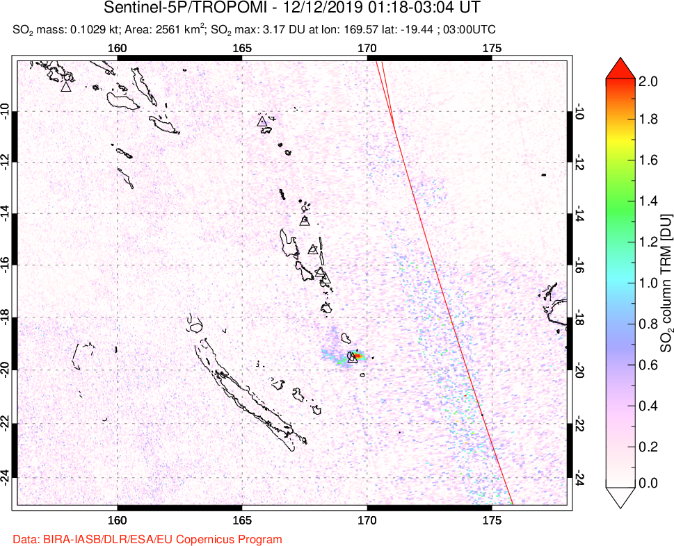 A sulfur dioxide image over Vanuatu, South Pacific on Dec 12, 2019.