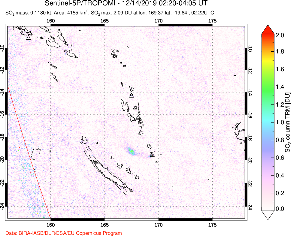 A sulfur dioxide image over Vanuatu, South Pacific on Dec 14, 2019.