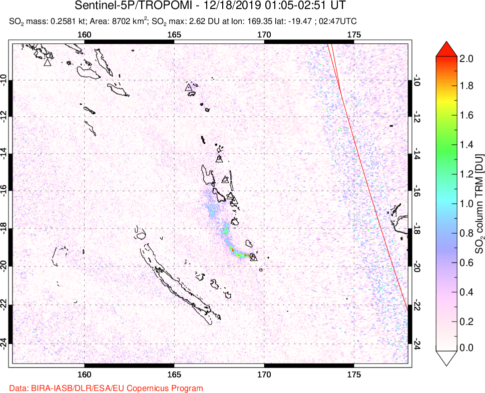 A sulfur dioxide image over Vanuatu, South Pacific on Dec 18, 2019.