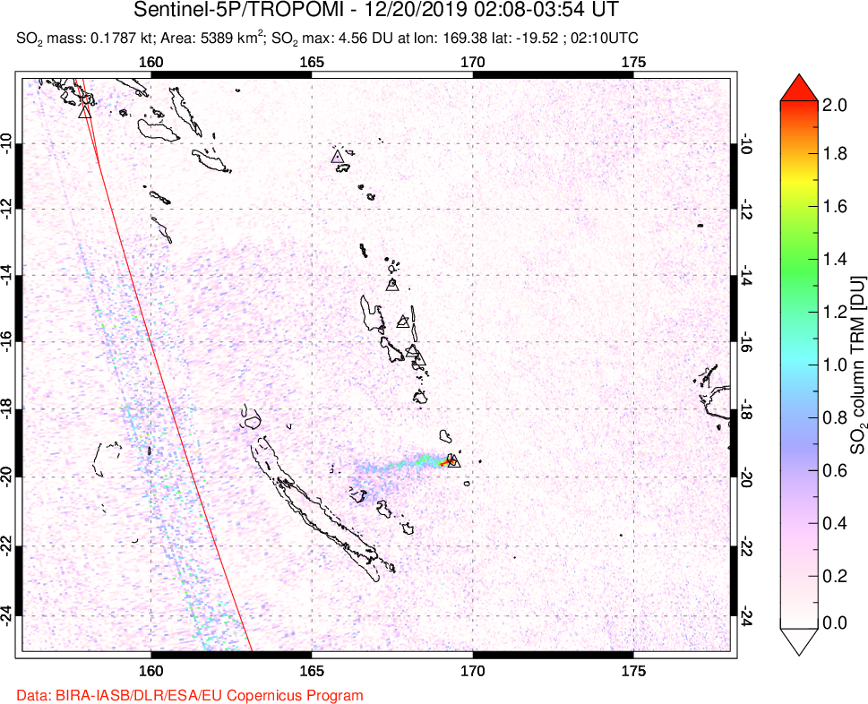 A sulfur dioxide image over Vanuatu, South Pacific on Dec 20, 2019.