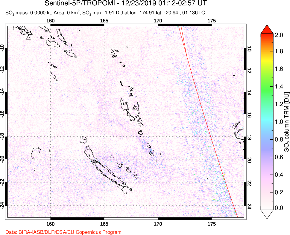 A sulfur dioxide image over Vanuatu, South Pacific on Dec 23, 2019.