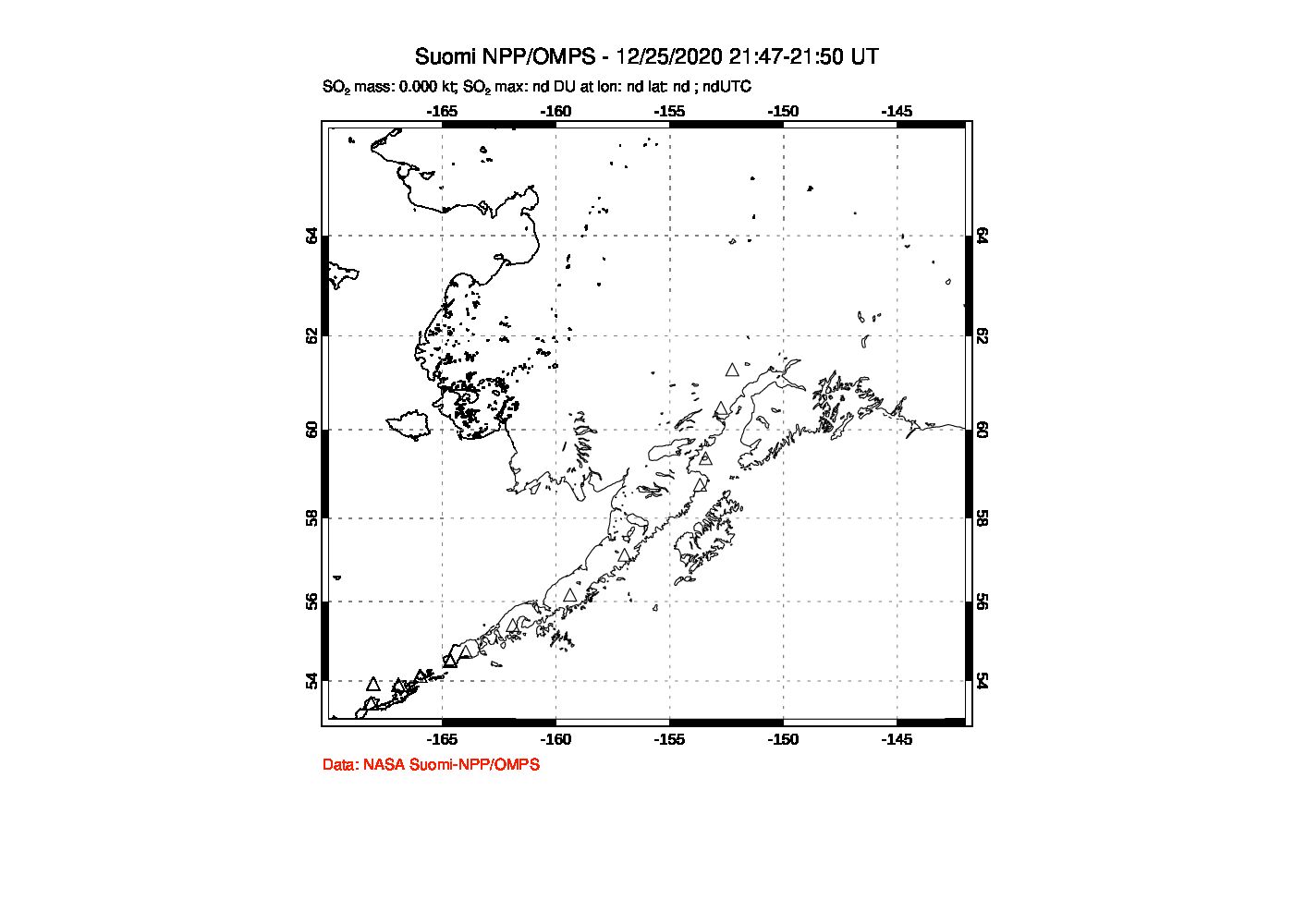 A sulfur dioxide image over Alaska, USA on Dec 25, 2020.