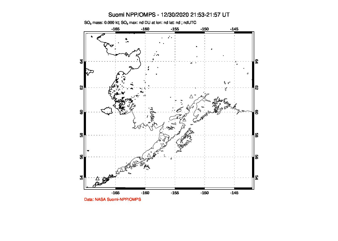 A sulfur dioxide image over Alaska, USA on Dec 30, 2020.