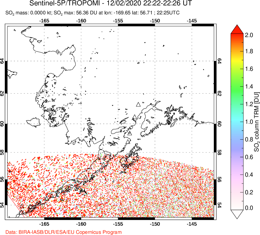 A sulfur dioxide image over Alaska, USA on Dec 02, 2020.